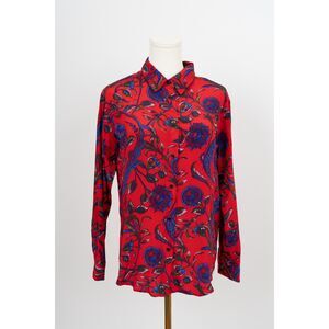 Sandro Floral Print Red Silk Button Down Blouse Top Size 2